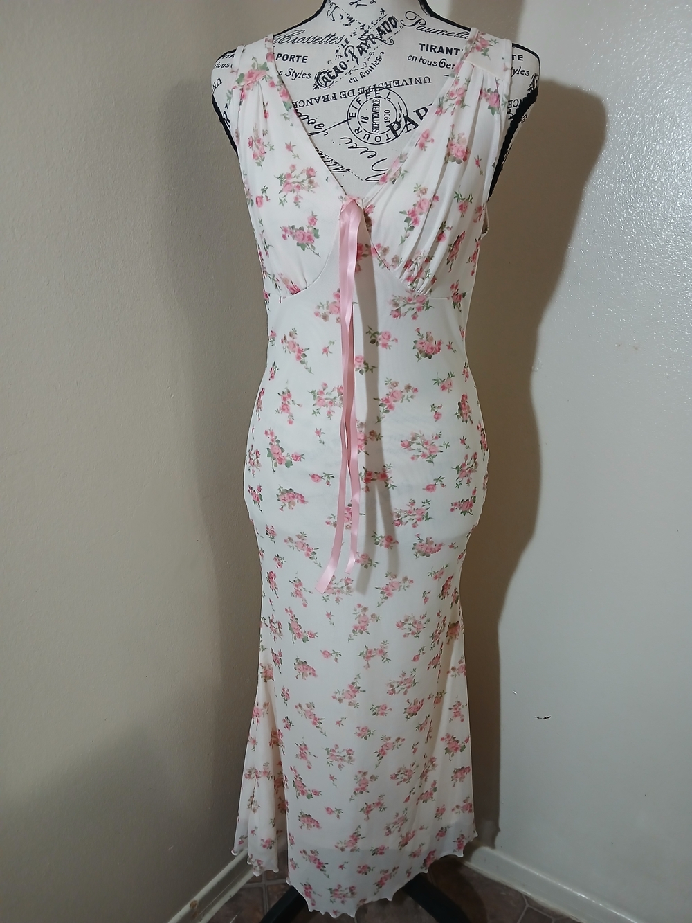 SHEIN Cream Maxi Dress with Pink Floral Print and Pink Ribbon